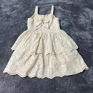 Blueberi Boulevard Girls Cream Eyelet Lace Tiered Ruffle Sun Dress Formal 7